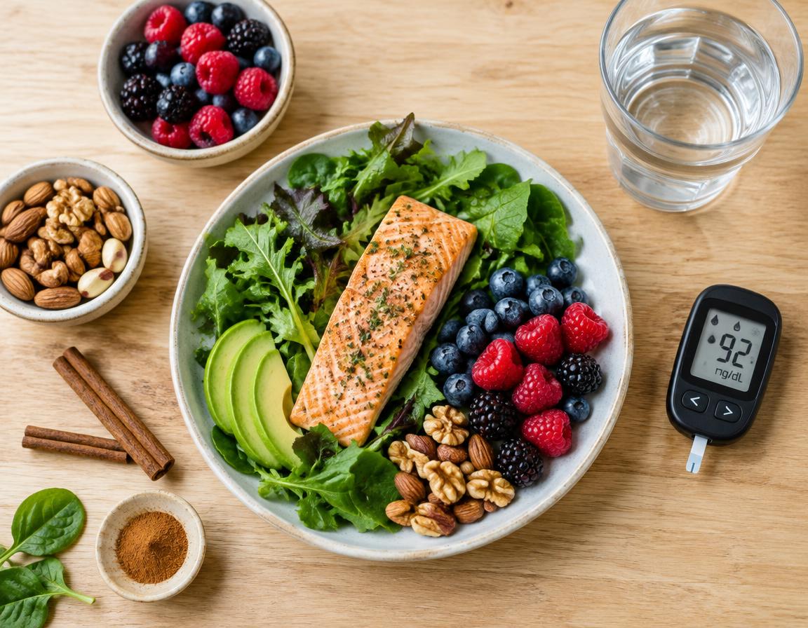 Balanced low-sugar meal with salmon, greens and berries next to a glucose meter